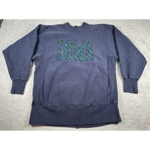 Vtg Iowa PLAID Reverse Weave Sewn Sweatshirt Pullover Crew XL Navy Blue HOLES